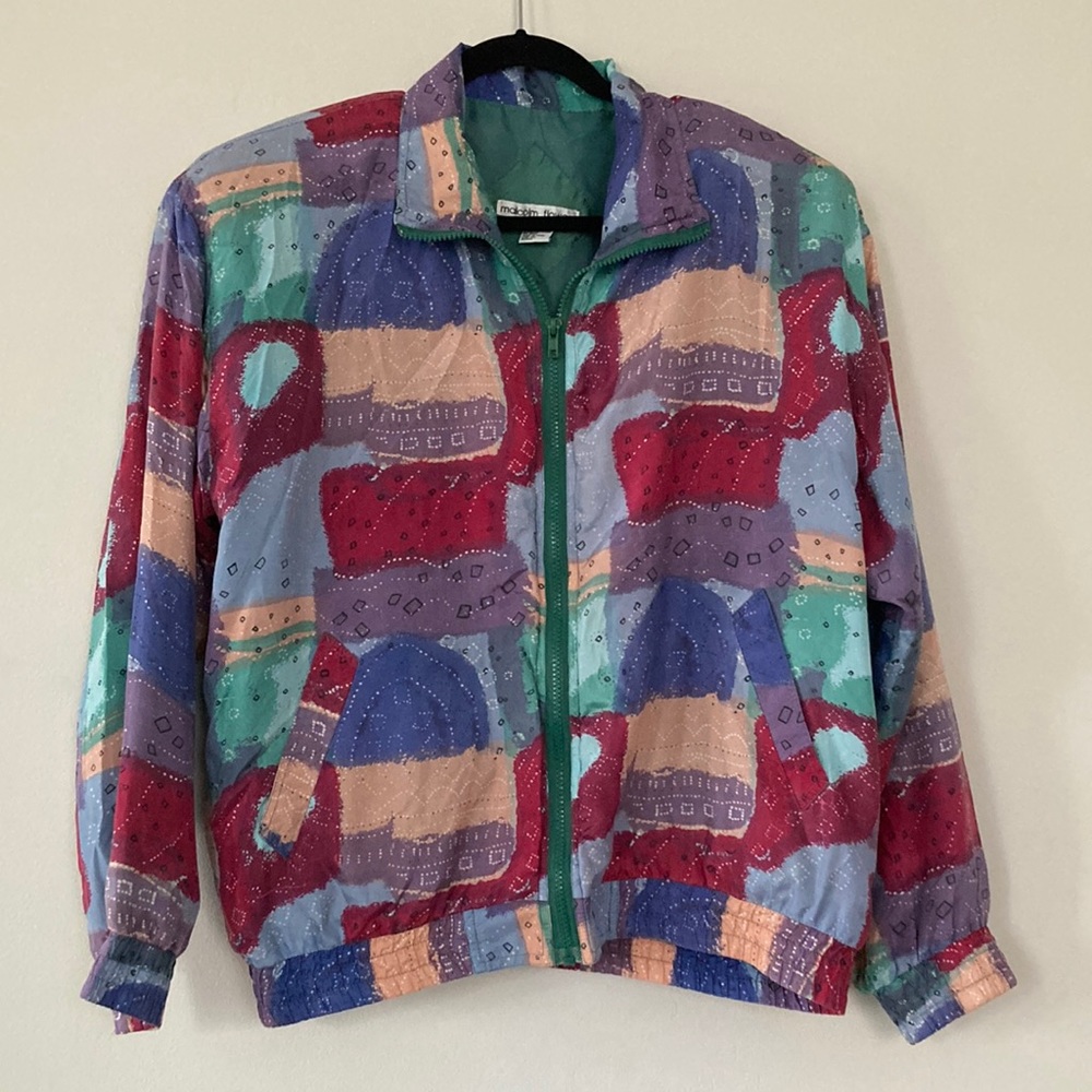 Vintage 80s / 90s silk windbreaker jacket size xl patchwork watercolor pastels